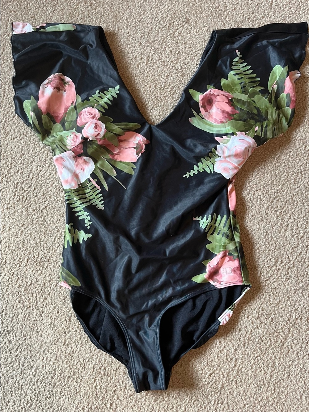 Albion Black One-Piece Bodysuit with Pink Floral Print